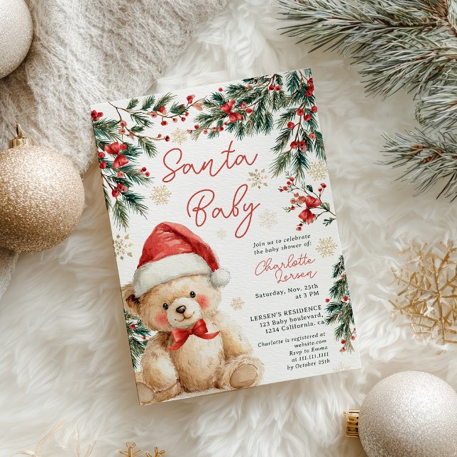 Convite Cute Christmas Winter Teddy Bear Santa Baby Shower (Cute Christmas Winter Teddy Bear Santa Baby Shower Invitation)