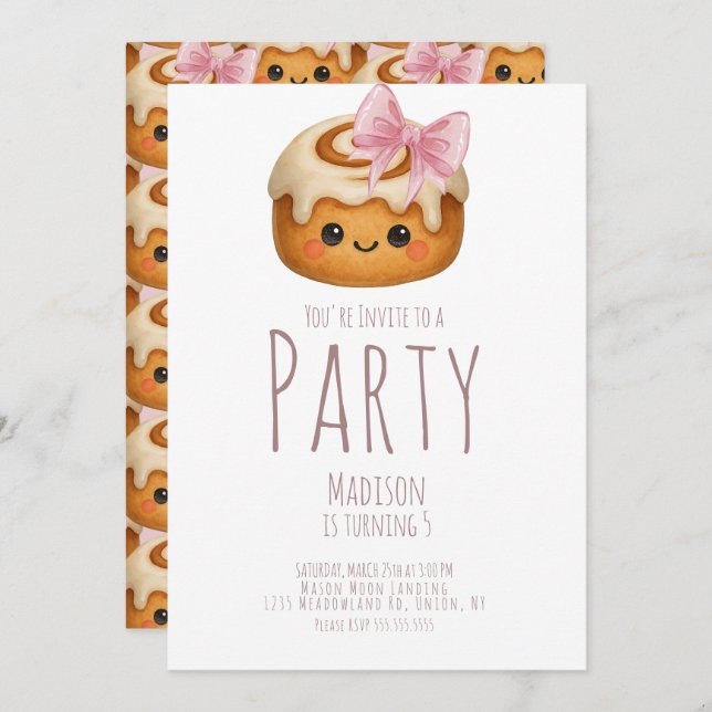 Convite Cute Cinnamon Roll Bun Girl Birthday Party (Frente/Verso)