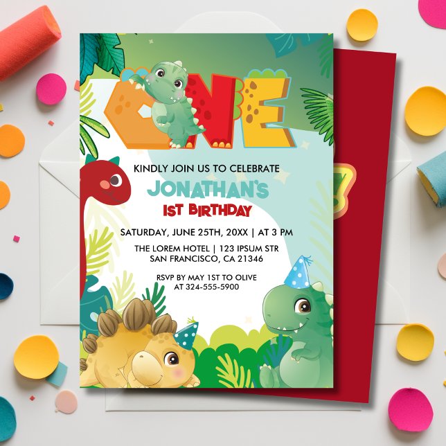 Convite Cute Colorful Dinosaur Boys First Birthday  (Criador carregado)