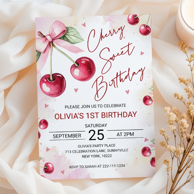 Convite Cute Coquette Cherry Sweet Birthday Invitation (Criador carregado)
