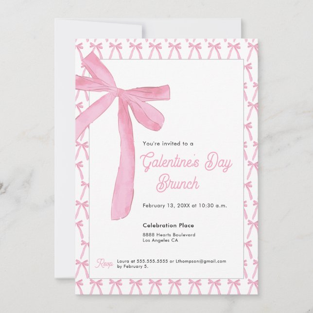 Convite Cute Coquette Pink Bow Galentine’s Day Brunch (Frente)