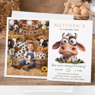Convite Cute Cow Farm Animals 2nd Birthday Party
