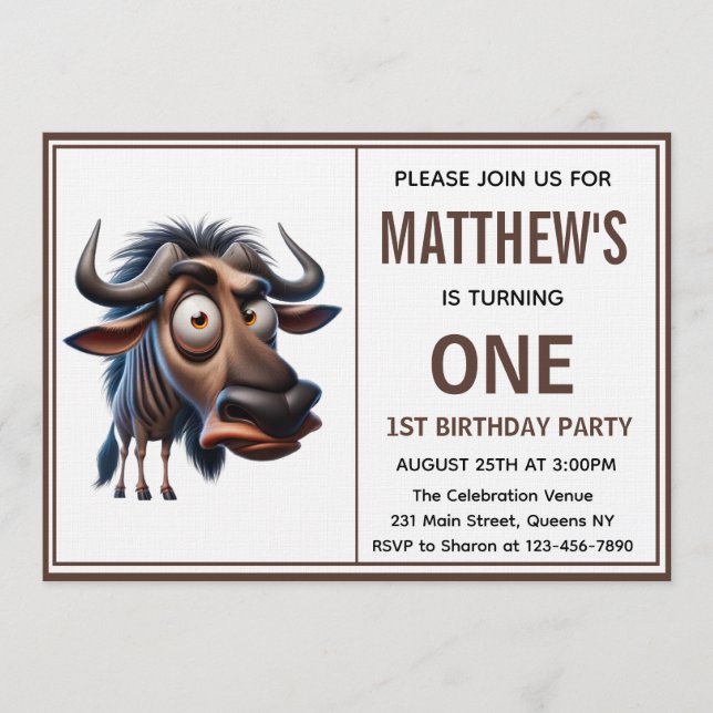 Convite Cute Crazy wildebeest =Theme 1st Birthday photo (Frente)