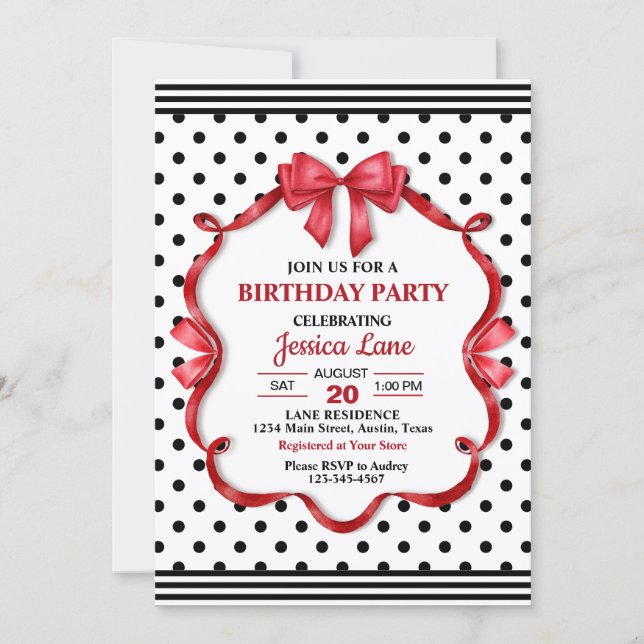 Convite Cute Crimson Bow Birthday Invitation (Frente)