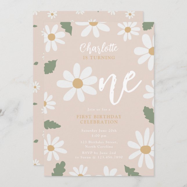 Convite Cute Daisy Flower 1st Birthday Girl Pink (Frente/Verso)