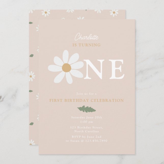 Convite Cute Daisy Flower 1st Birthday Girl Pink (Frente/Verso)