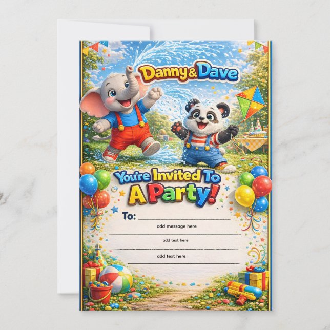 Convite Cute Danny e Dave elefante e panda crianças aniver (Frente)