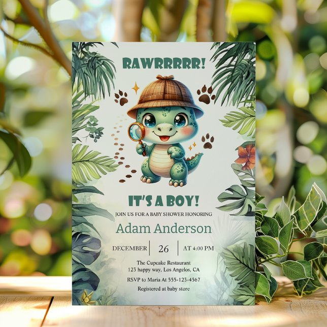 Convite Cute Dino Detective Boy Baby Shower Invitation     (Criador carregado)