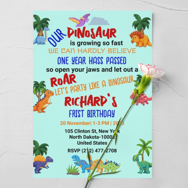 Convite Cute Dino Themed Festa de aniversário de criança (Criador carregado)