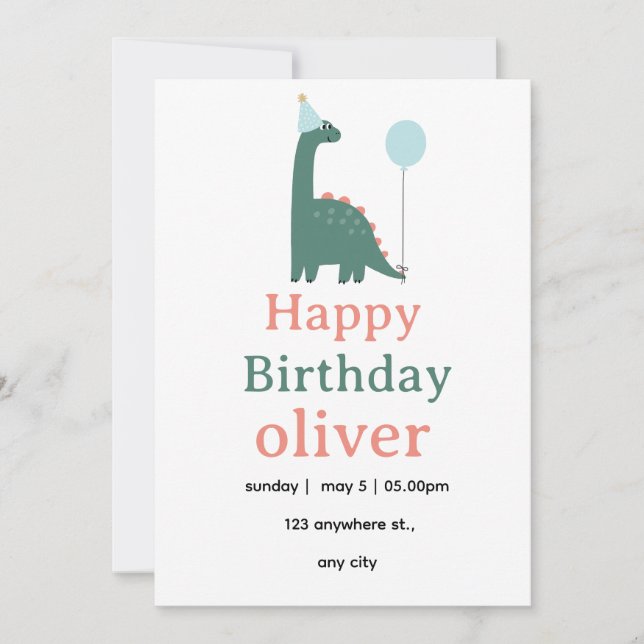 Convite Cute Dinosaur Birthday Invitation for Kids, (Frente)