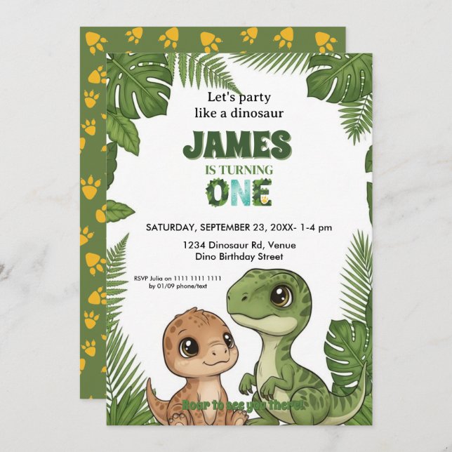 Convite Cute Dinosaur Jungle First Birthday Invitation (Frente/Verso)