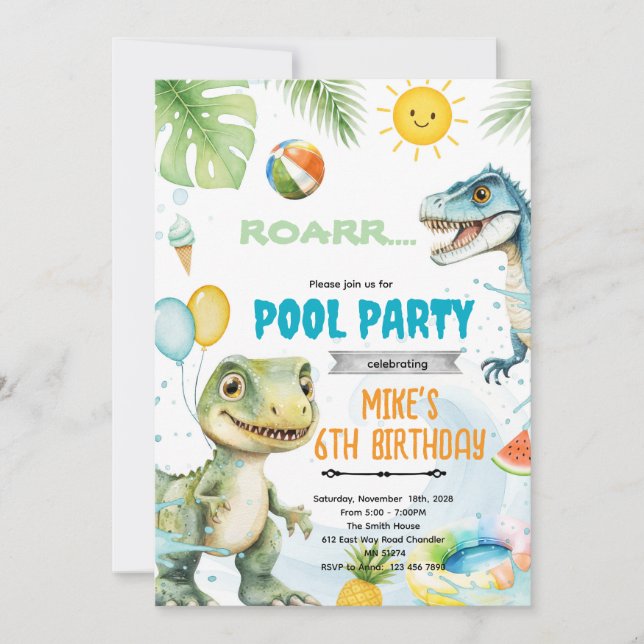 Convite Cute dinosaur pool theme invitation (Frente)