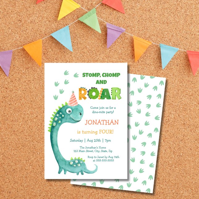 Convite Cute Dinosaur Stomp Chomp Roar Birthday (Criador carregado)