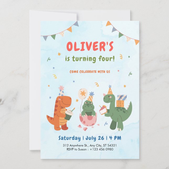 Convite cute dinosaur t-rex kids 4th Birthday Invitation   (Frente)