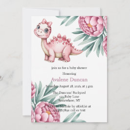 Convite Cute Dinosaur with Pink Peony Girl Baby Shower