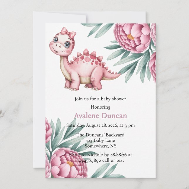 Convite Cute Dinosaur with Pink Peony Girl Baby Shower (Frente)