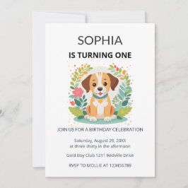 Convite Cute Dog Floral Kids First Birthday 