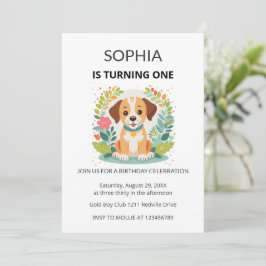 Convite Cute Dog Floral Kids First Birthday 