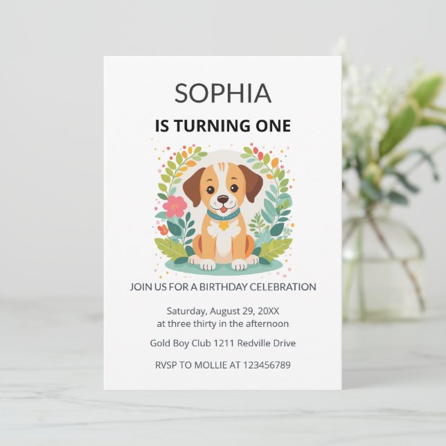 Convite Cute Dog Floral Kids First Birthday  (Em pé/Frente)