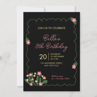 Convite Cute Doodle Flower Frame Kids Birthday Invitation