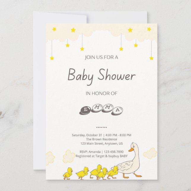 Convite Cute Duck Baby Shower Illustration Minimal Style (Frente)