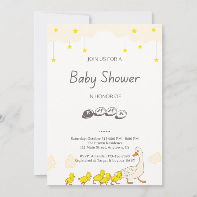 Convite Cute Duck Baby Shower Illustration Minimal Style (Frente)