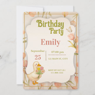 Convite Cute Duck Floral Watercolor Birthday Party Invitat