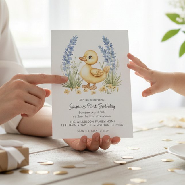Convite Cute Duckling Garden First Birthday QR Code  (Criador carregado)