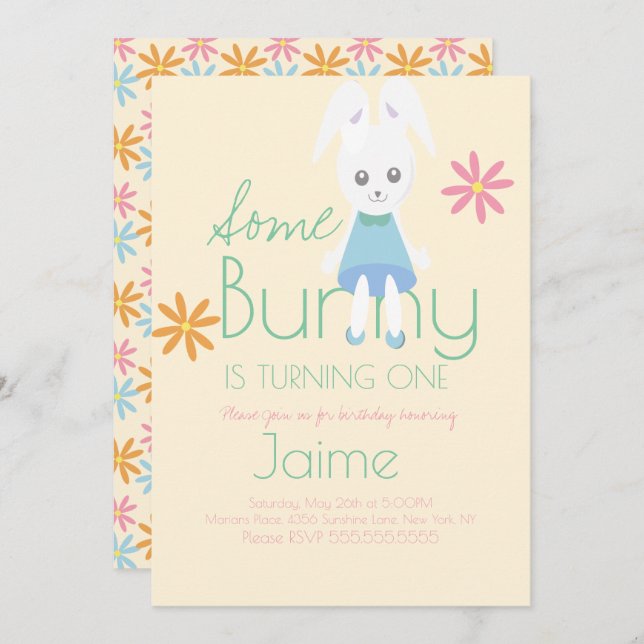 Convite Cute Easter Bunny Turning One Birthday (Frente/Verso)