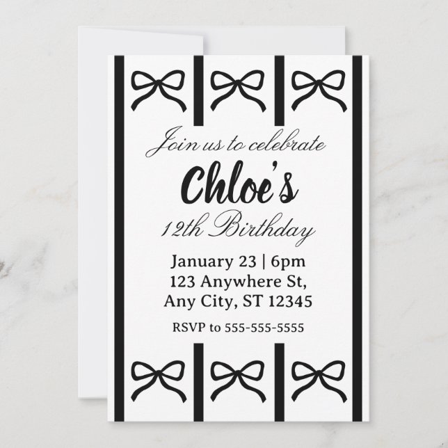 Convite Cute editable bow birthday invite (Frente)