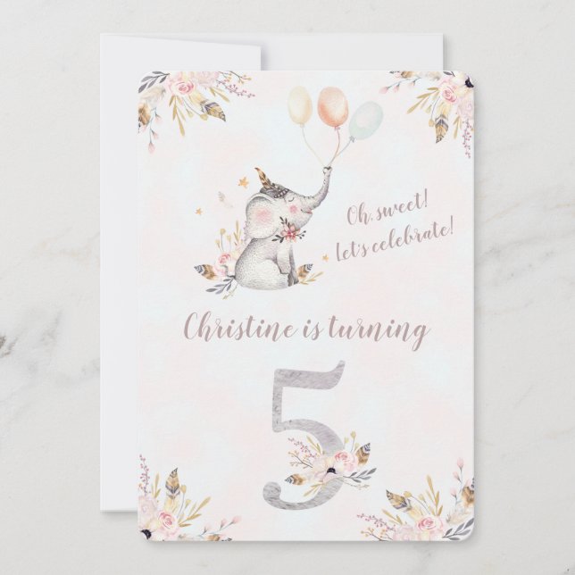 Convite Cute Elefante Boho Floral Quinto Aniversário Convi (Frente)