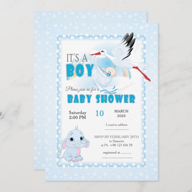 Convite Cute Elephant Baby Shower Invitation. It is a boy (Frente/Verso)