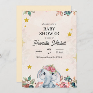 Convite Cute Elephant Baby Shower Invite, Girl Baby Shower