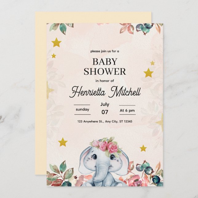Convite Cute Elephant Baby Shower Invite, Girl Baby Shower (Frente/Verso)