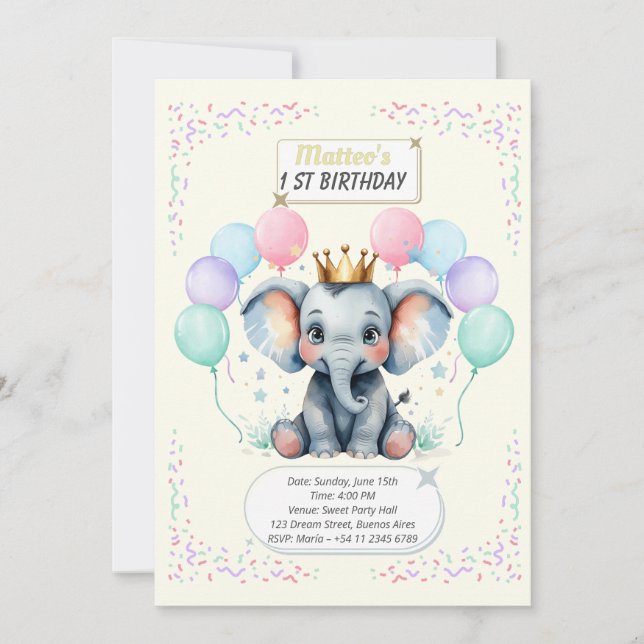 Convite "Cute Elephant First Birthday pastel designs" (Frente)