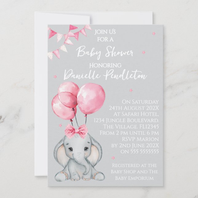 Convite Cute Elephant, Girl Baby Shower Invitation (Frente)