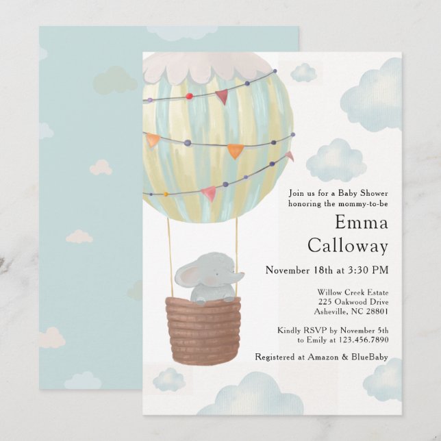 Convite Cute Elephant Hot Air Balloon Baby Shower  (Frente/Verso)