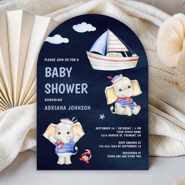 Convite Cute Elephant Nautical Boat Navy Blue Baby Shower (Criador carregado)