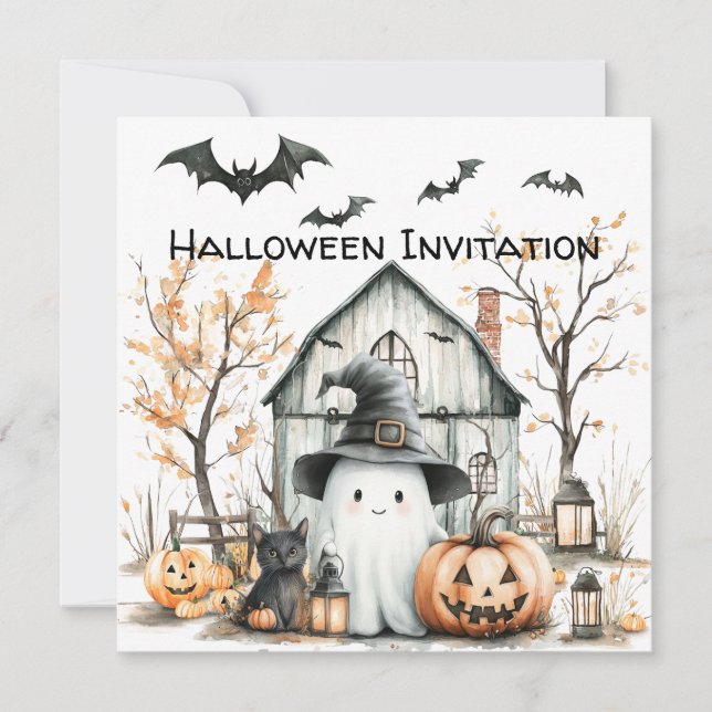 Convite Cute Fantasma Branco e Laranja com Celeiro de Outo (Frente)