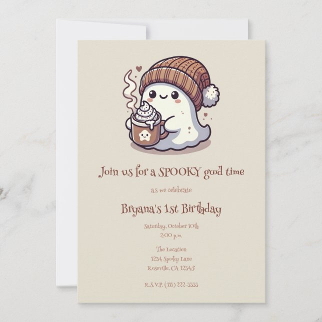 Convite Cute Fantasma de Halloween no Gorro de Outono e Ca (Frente)