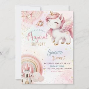 Convite Cute Fantasy Rosa Dourado Castelo do Unicórnio Bir