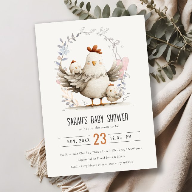 Convite Cute Farm Mum and Baby Chick Floral Baby Shower (Criador carregado)