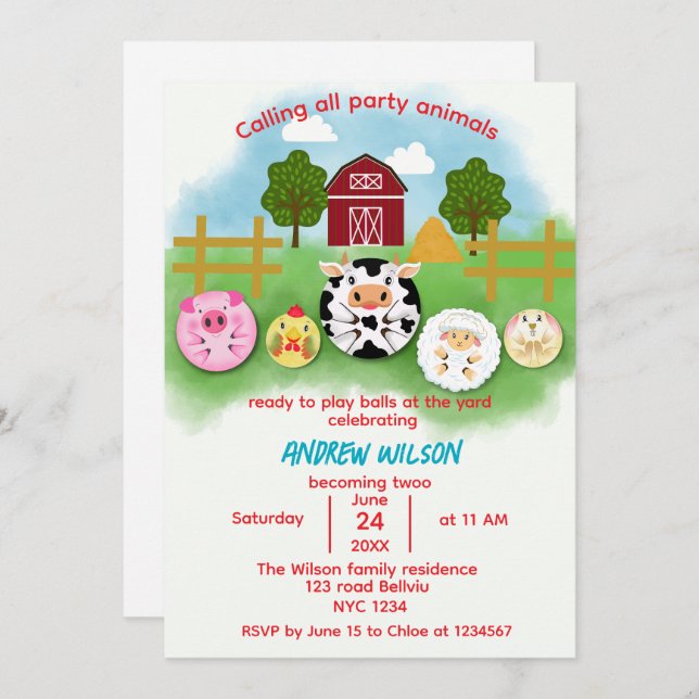 Convite Cute Farm Party Animals Balls Birthday Invitation (Frente/Verso)