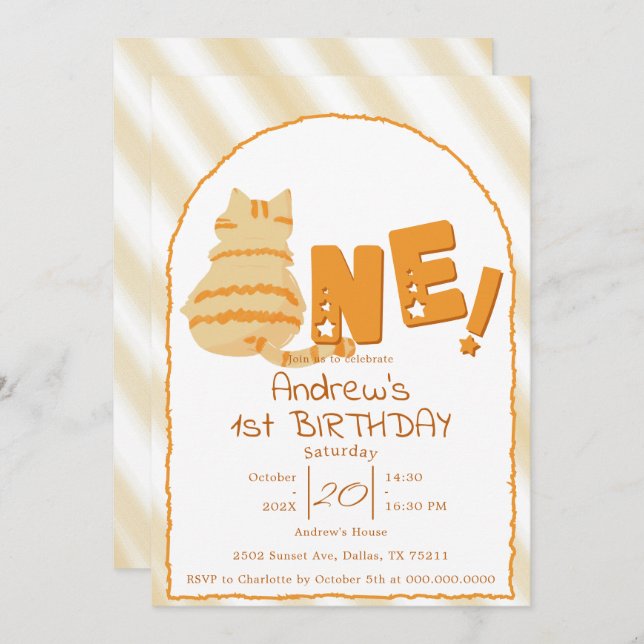 Convite Cute Fat Orange Cat 1st Birthday (Frente/Verso)