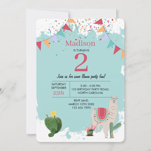 Convite Cute Fiesta Llama e Cactus Children's Birthday (Frente)