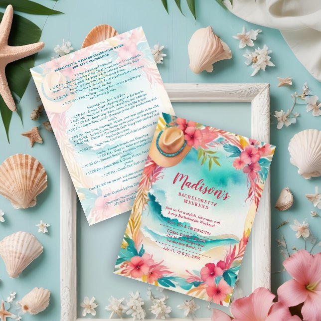 Convite Cute Floral Beach Cowgirl Hat Coastal Bachelorette (Cute Floral Beach & Cowgirl Hat Coastal Bachelorette Invitations Cards in Turquoise & Pink. )