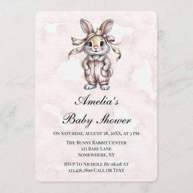 Convite Cute Floral Bunny Girl Baby Shower  (Frente)
