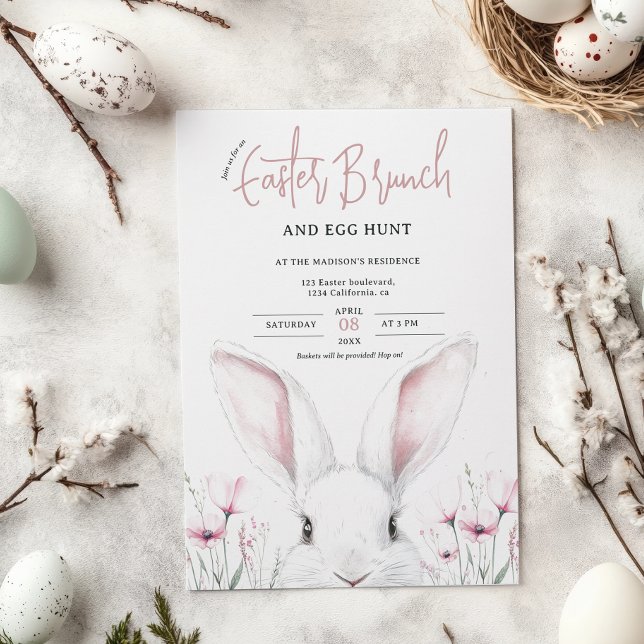 Convite Cute Floral Bunny Páscoa Brunch e Ovo Hunt (Cute Floral Bunny Easter Brunch and Egg Hunt Invitation)
