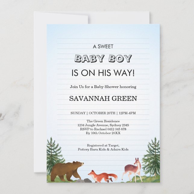 Convite Cute Forest Animals Baby Boy Shower Design (Frente)