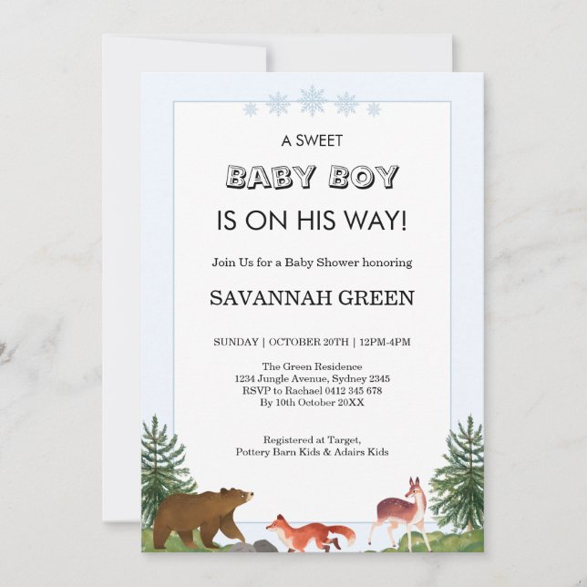 Convite Cute Forest Animals Baby Boy Shower Design (Frente)